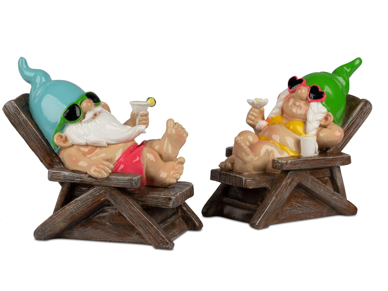 formano 2er Set Gartenzwerg Liegestuhl lustige Gartenzwerge 26cm aus Kunststein handbemalt Gartendeko Figuren mit glänzender Oberfläche für Garten Terrasse Balkon, humorvolle Outdoor Gartenfiguren