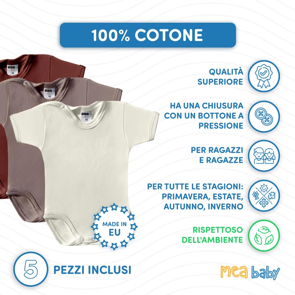 MEA BABY Body per neonati a manica corta | Body per bambine e bambini | Confezione multipla da 5 pezzi | 100% cotone | Body unisex