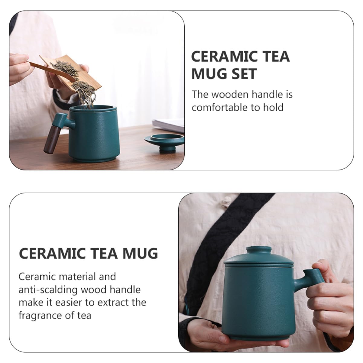 Taza de Té de Cerámica con Infusor y Tapa, 400 Ml, Mango de Madera, Resistente al Calor, para Hogar y Oficina, Juego de 3 Piezas, Color Verde