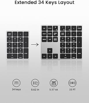 Kisnt KN300BT Bluetooth Number Pad for Laptop Data Entry | Wireless Full- Function, Portable 34 Keys, Rechargeable, Quiet Typing for Laptop, MacBook, Tablets, iOS, Android, Windows