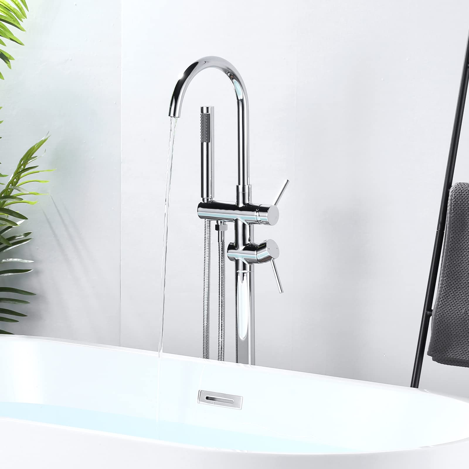 ARCORA Rubinetto Vasca a Pavimento, Miscelatore Vasca Autoportante, Rubinetto da Vasca da Bagno a Colonna​ con Doccetta, Girevole 360°, Rame e Acciaio Inox, Cartuccia Ceramica, Cromato