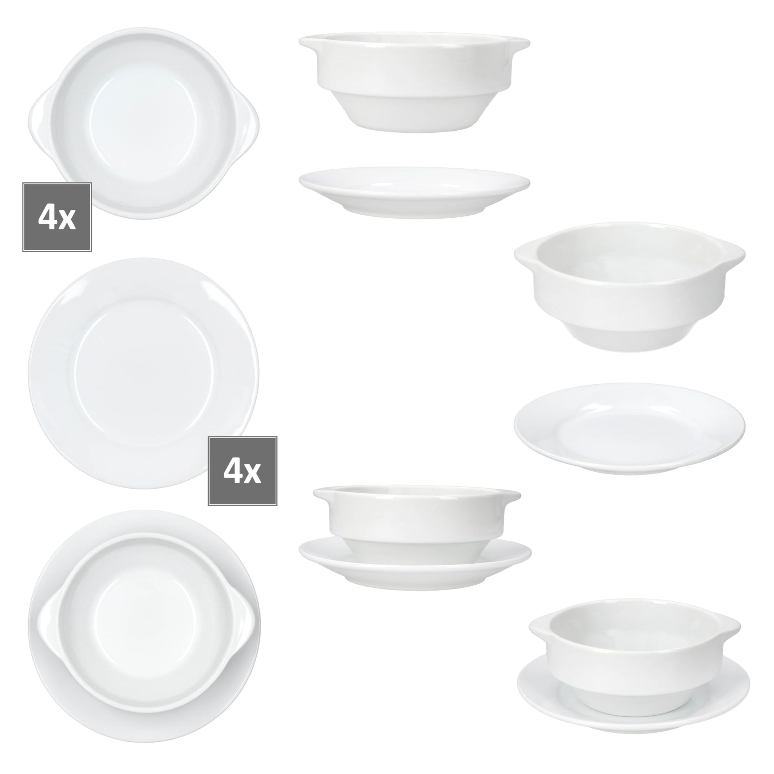 MamboCat STABIL 4er Set Suppentasse mit Untertasse I 350 ml I 4 Personen I Porzellan weiß I Suppenschale mit Henkeln I Bowl für Ramen, Chili, Gulasch, Suppe & Eintopf