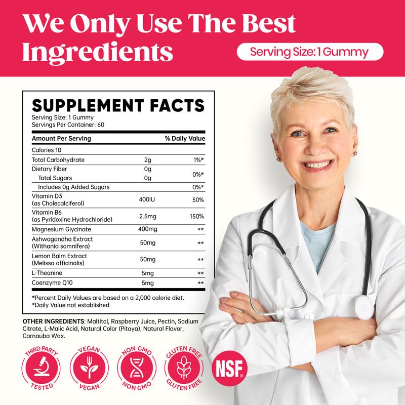 Miniatura 2 de 60 Day Supply - Gomitas de glicinato de magnesio de 400 mg con Ashwagandha, L-teanina, CoQ10, vitamina D3 y B6, gomitas de magnesio sin azúcar