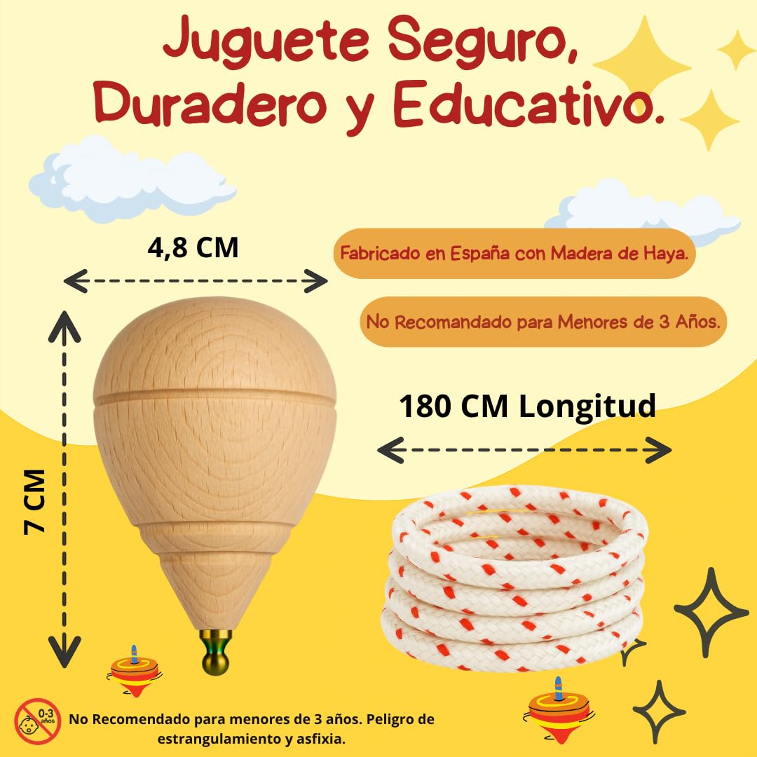 Peonza Madera para Niños Pack 30 Trompos + 30 Cuerdas | Packs de 2-4-6-8-12-16... Unidaes. | Hecho a Mano en España con Punta Redonda.