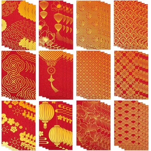 UPINS Chinese New Year Red Envelopes, 48Pcs 2026 Lunar Traditional Lucky Money Hong Bao Embossed Print Red Envelope for Spring Festivel Chinese New Year Wedding Supplies Decor(12 Patterns)