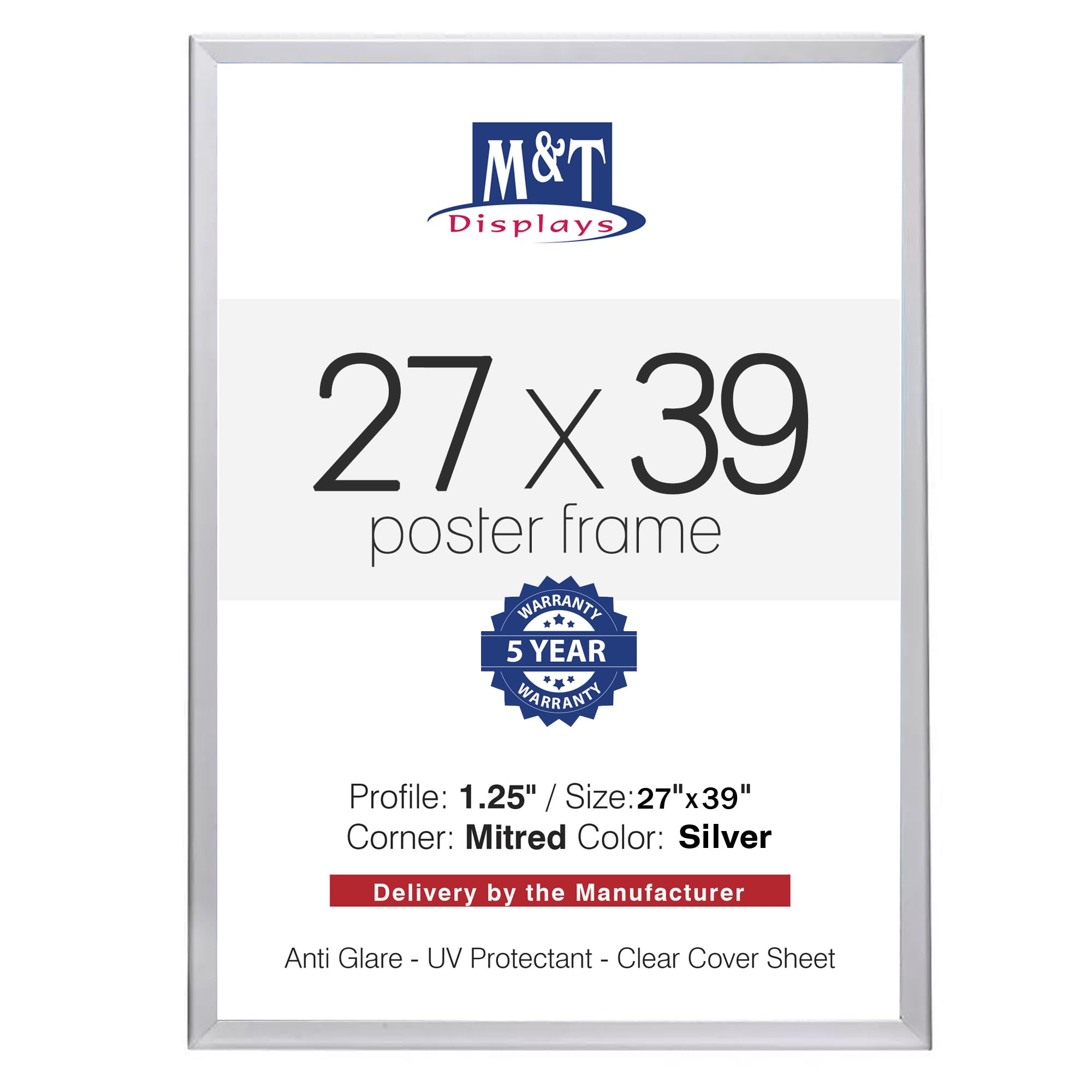 M&T Displays Marco de póster plateado de 1.25 pulgadas, perfil de aluminio de carga frontal, montaje en pared, fotos, documentos, certificados, soporte para carteles, esquinas ingletadas, cubierta