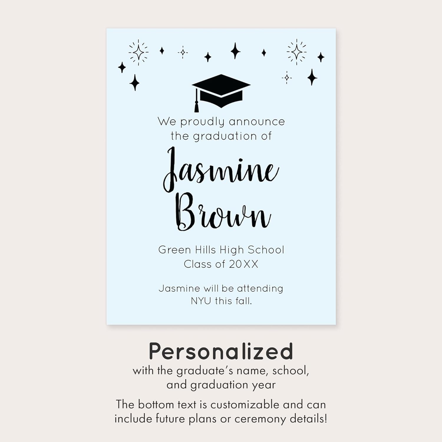 Personalized 4.25x5.5 Modern Starry High School Graduation Announcements with Envelopes, Custom Grad Announcements Class of 2025