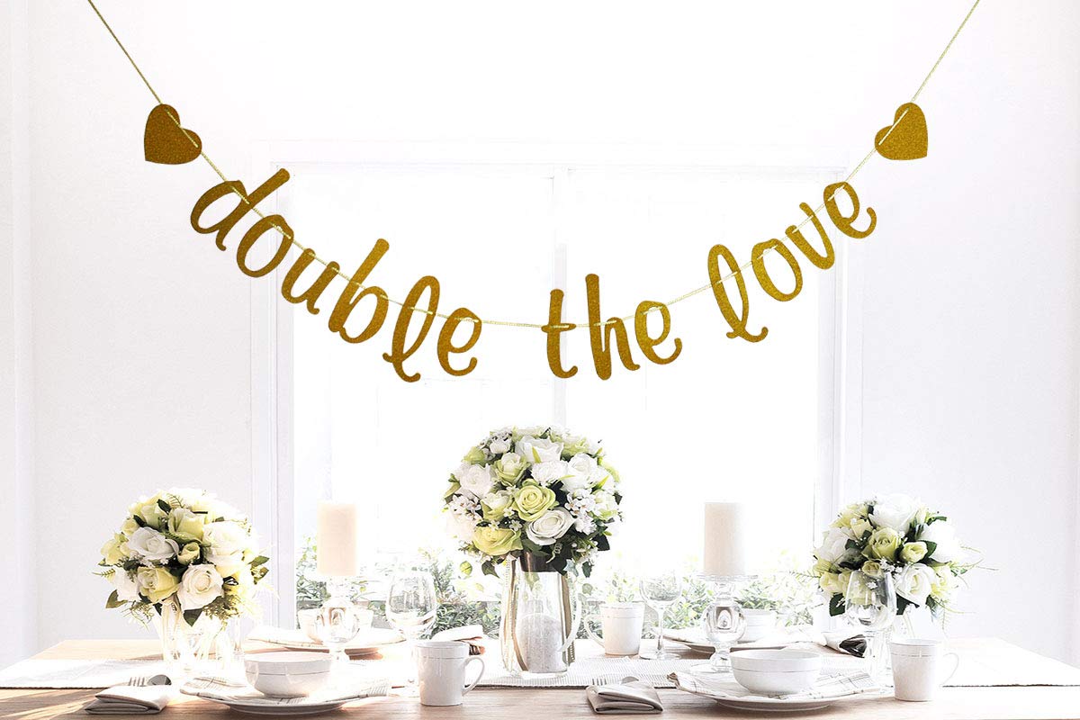 Double The Love Banner para Twins Baby Shower, banderines de revelación de género, decoraciones de fiesta con purpurina dorada