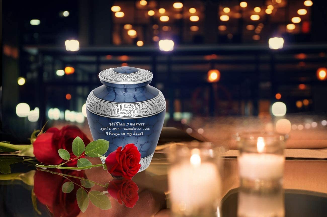 MEMORIALS 4U Custom Engraved Cremation Urn - Handcrafted Urn for Human Ashes - Affordable Urn for Ashes with Velvet Bag (Elite Cloud Blue)