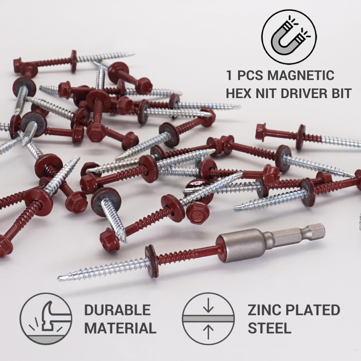 SKIR'CO (200 uds) Tornillos para techos pintados 4,8 x 70 mm, cabeza hexagonal tornillos autoperforantes con arandelas de EPDM (rojo óxido, RAL 3009)