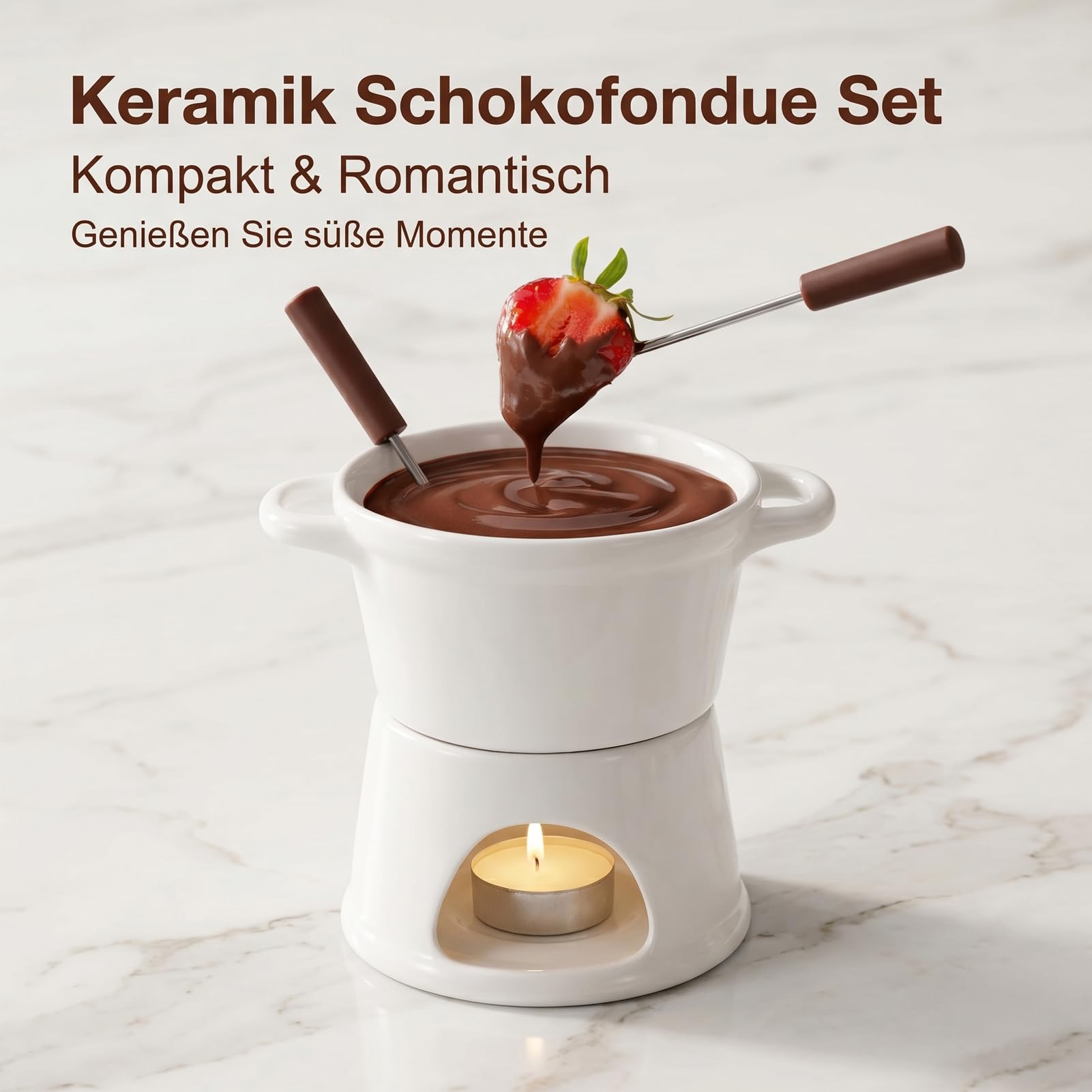 Schokofondue mit Doppelgriff, Schokofondue Tasse mit Gabeln, Keramik Fondue Tasse, Schokoladenfondue für Schokolade, Käse - Wichtelgeschenke
