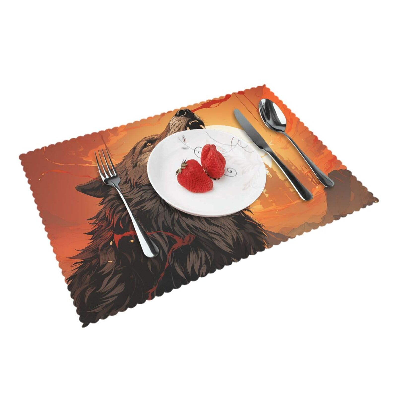 Placemats Set of 4 Heat Resistant Woven Place Mats for Dining Table Howling Wolf and Moon Placemats Washable Wipeable PVC Table Mats Indoor/Outdoor Place Mats for Party Kitchen Decor 30x45 cm