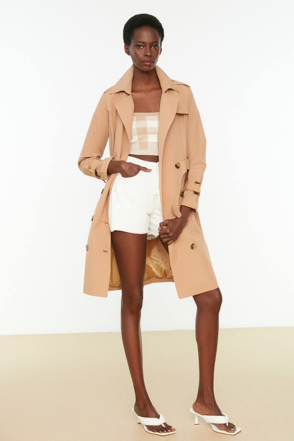 Trendyol Camel Archbreaker Detailed Long Trench Coat impermeabile Donna (Pacco da 1)