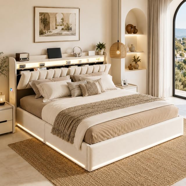 MGMYM Cama Tapizada 140x200 cm con Canapé Abatible, LED RGB, USB y Tipo C, Cama de Matrimonio con Cabecero Alto con Almacenaje, Somier de Láminas, Beige de Terciopelo, sin Colchón