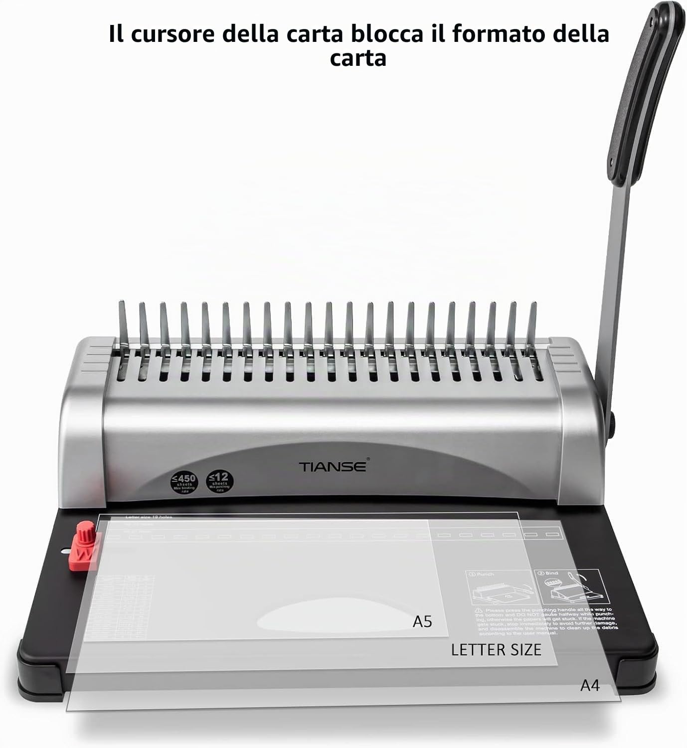 Rilegatrice a 21 fori, 450 fogli, rilegatura a spirale con kit di avviamento, 100 spine per rilegatura a pettine da 3/8", perfetta per documenti quotidiani in ufficio