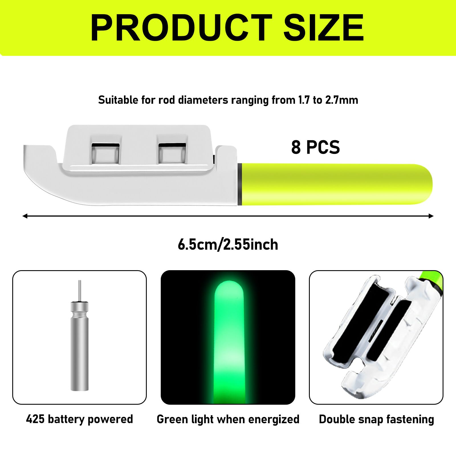 BAIFULAI 8 pezzi di luci a LED da pesca, indicatore di abbondanza, luci luminose con fibbia, per pesca notturna, per pesca in mare