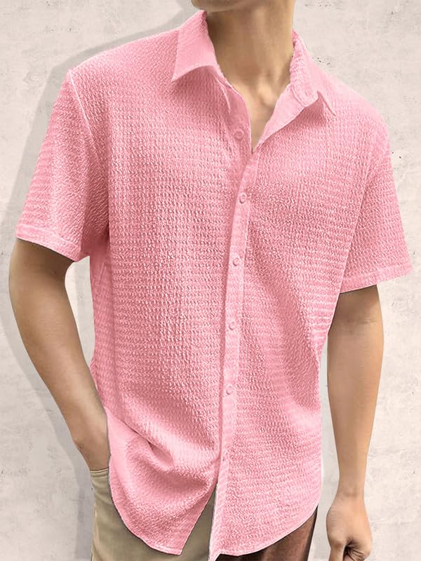 Image of Pinkmint Popcorn Shirt for Men Soild Slim Fit Sleeve Spread Collar Trendy Men Shirt Summer Wear Goa Wear Olive
