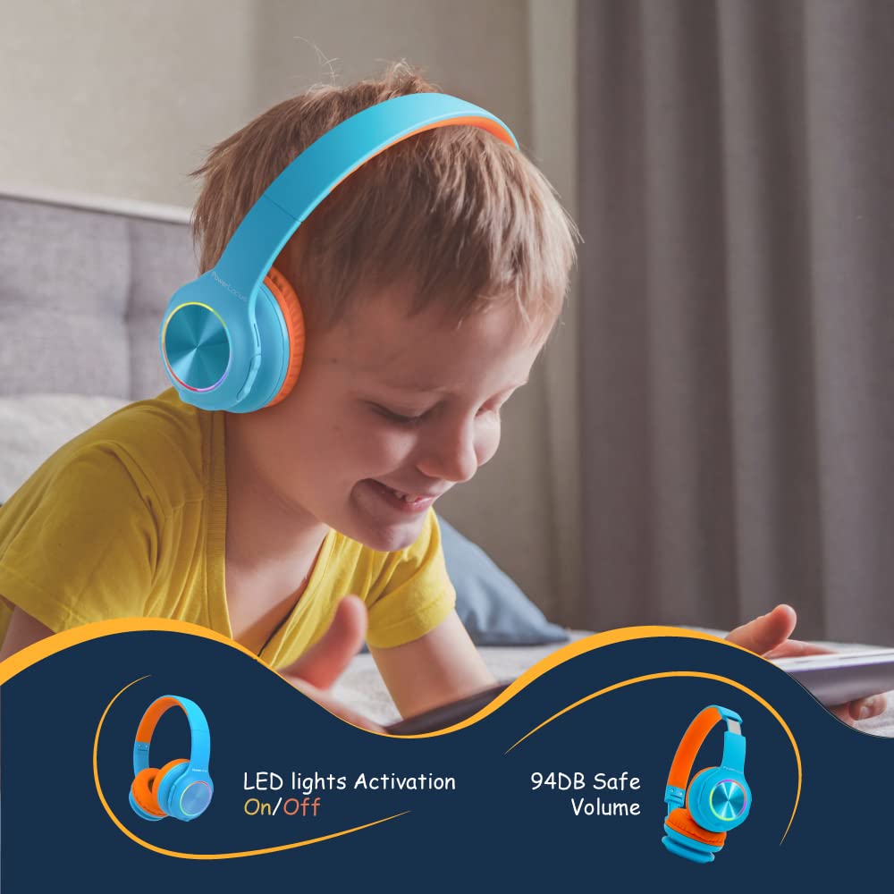 Cuffie per Bambini, PowerLocus Cuffie Bluetooth con Luce LED, Cuffie Senza Fili Pieghevoli con Microfono, Micro SD/TF, HD Stereo, 94DB Limitazione del Volume, Wireless e con Cavo,per Ragazzi e Ragazze