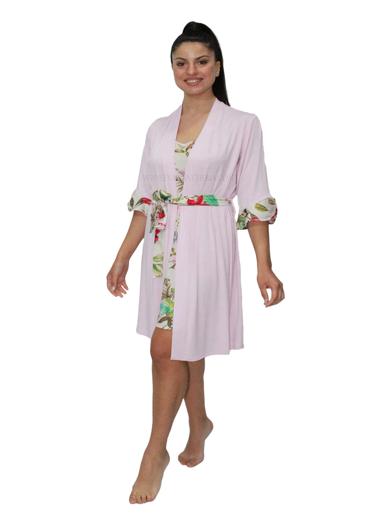 AMADINE Short Dressing Gown with Printed Satin