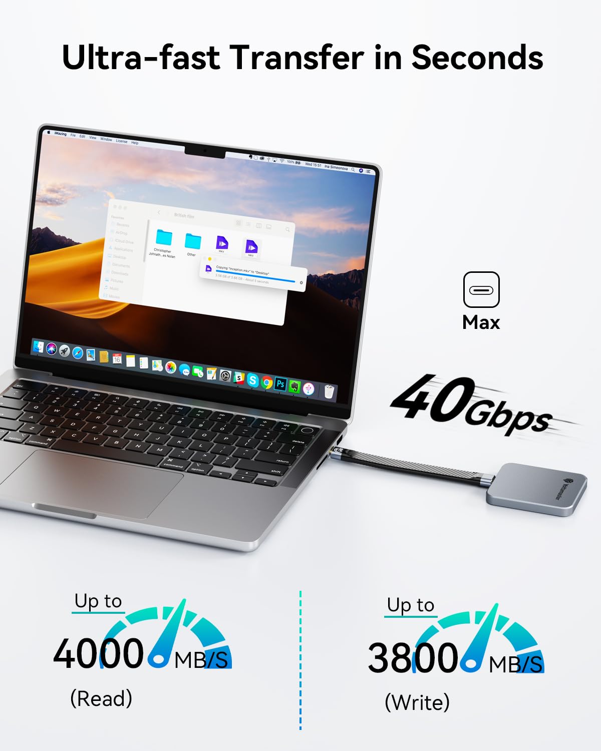 Yottamaster 1TB USB4 External SSD, Up to 4000MB/s Portable Solid State Drive, Supports 4K ProRes HDR Compatible with iPhone 17 Pro Max, Thunderbolt 3/4 Designed for Photographers/Video Editors - Detailed View