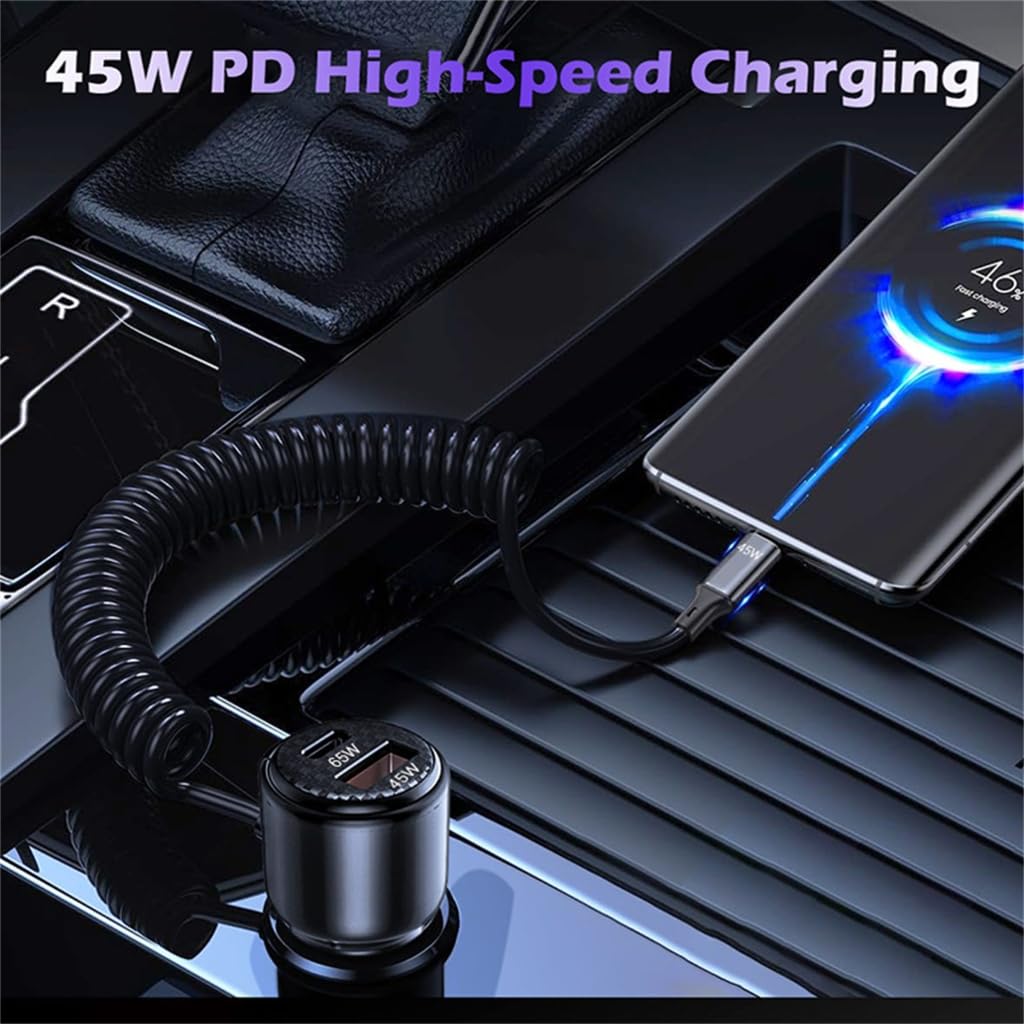 Adapter ładowarki samochodowej 65 W do szybkiego ładowania 12-24 V z kablem spiralnym typu C 45 W