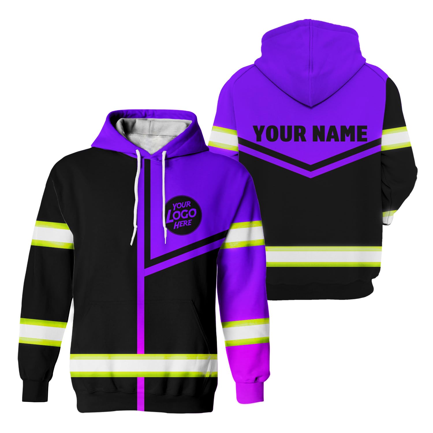 HiVis Custom Company, Group, Team Uniform High Visibility Hoodie for Men Hi Vis Safety Hoodie Black Violet Neon Customize Logo and Name with Reflective Tapes-2XL
