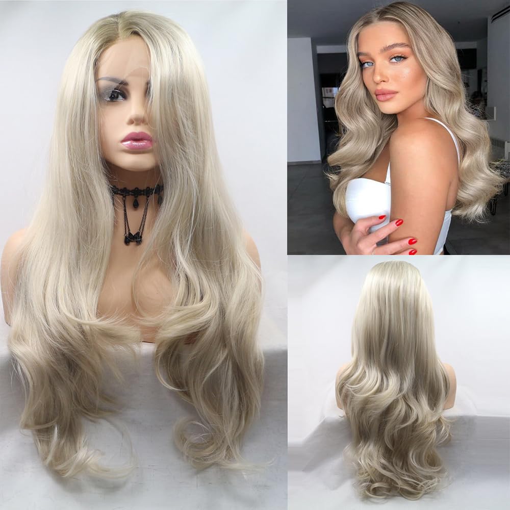 xiweiya Light Blonde Lace Front Wig with Brown Roots Long Body Wave Blonde Mixed color Side Part Glueless Natural Looking Lace Front Wigs Heat Resistant Hair for Women