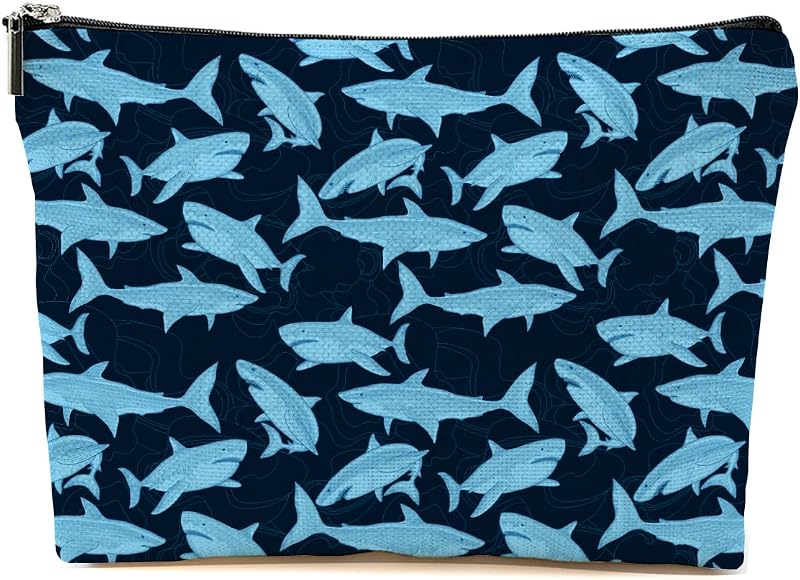 Necessaire de maquiagem Blue Leaves com estampa de tubarão, 9,4 x 5,08 x 17,78 cm, Pacote com 1