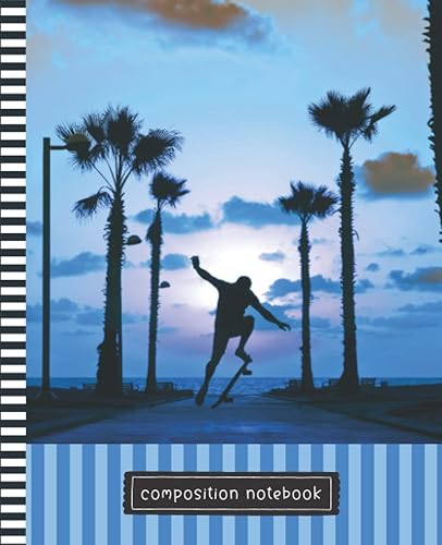 Skateboarding Composition Notebook Wide Ruled: 7.5 x 9.25 Blank Paper / 108 Pages / Stationery Gift for Note Taking - Writing - Doodles / Skateboarder - Blue Black Art Theme Cover