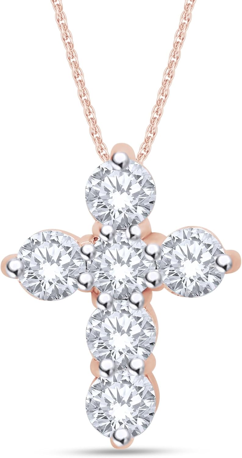SAVEARTH DIAMONDS Cross Necklace for Women Round Cut Lab Created Moissanite or Lab Grown Diamond Christian Pendant With 18" Chain in 14K Gold Over Sterling Silver Jewelry for Her
