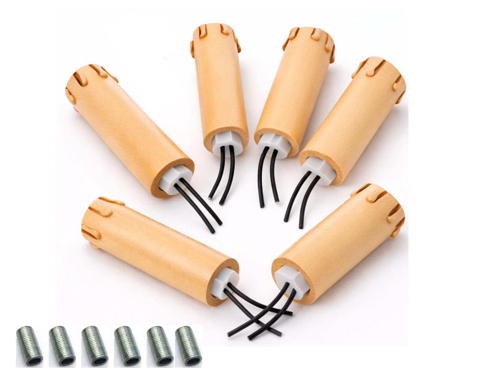 Kit 6 Portalampade E14 Candela in Legno Antichizzato 85mm con Barre Filettate M10 – Ricambi per Lampadari, Candelabri e Applique Vintage