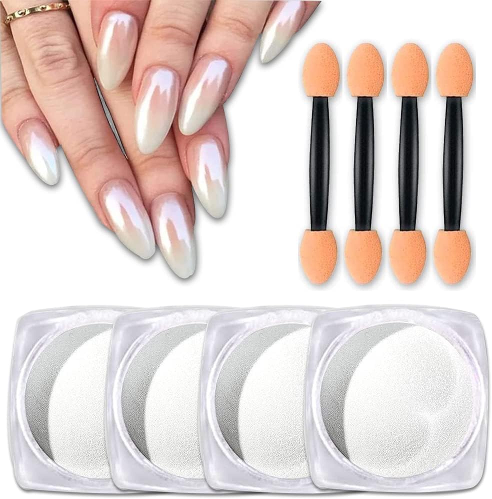 4 Boxes White Pearl Mermaid Rainbow Holographic Nail Powder Magic White Chrome Powder Symphony Shell Nail Powder Aurora Chrome Nail Powder Metallic Mirror Chameleon Nail Powder Gradient