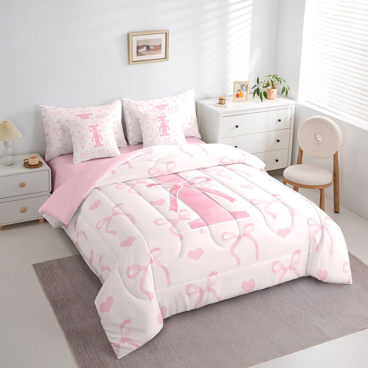 Erosebridal 7 Pcs Letter I Comforter Full Size for Girls Teen Women Aesthetic Coquette Bowknot Bed Set Pink Cute Love Heart Sheet Set Bed in A Bag Alphabet Dreamy Princess