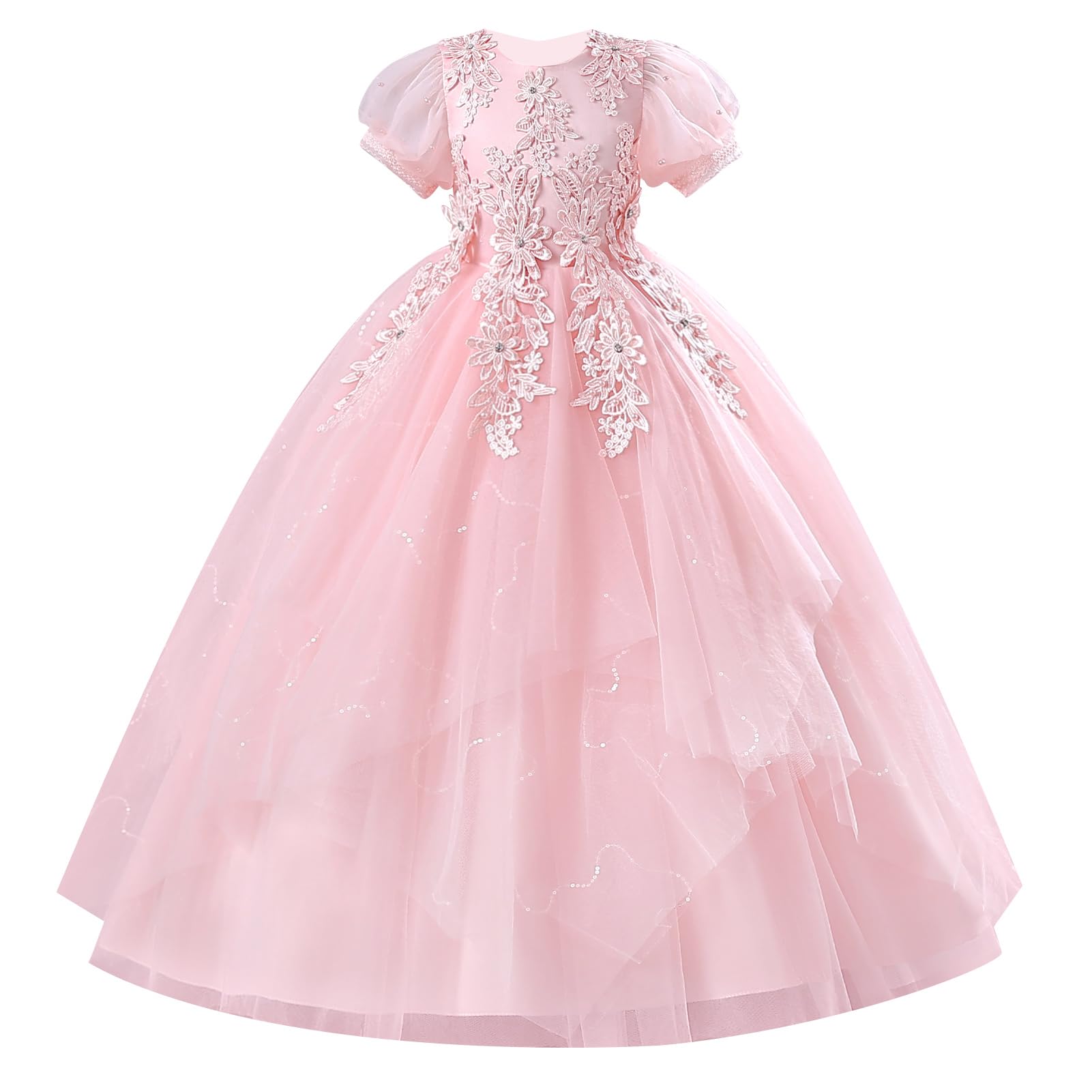 Blumenmädchen Kleid Floral Bestickt Kurze Ärmel Tüll Tutu Prinzessin Kleider Kind Mädchen Hochzeit Brautjungfer Geburtstag Erstkommunion Festzug Maxi Ballkleid 5-11 Jahre