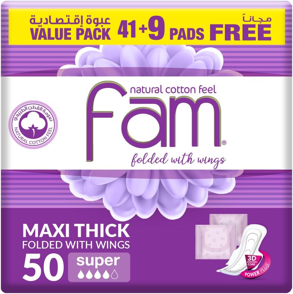 Natural Cotton Feel, Maxi Thick, Folded With Wings, Super Sanitary Pads, 50 Pads