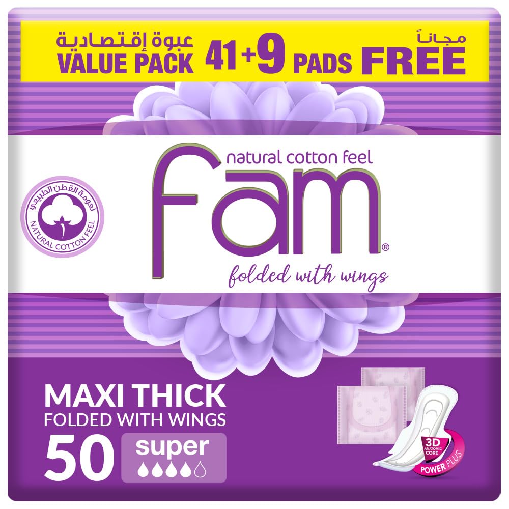 Fam Natural Cotton Feel, Maxi Thick, Folded With Wings, Super Sanitary Pads, 50 Pads