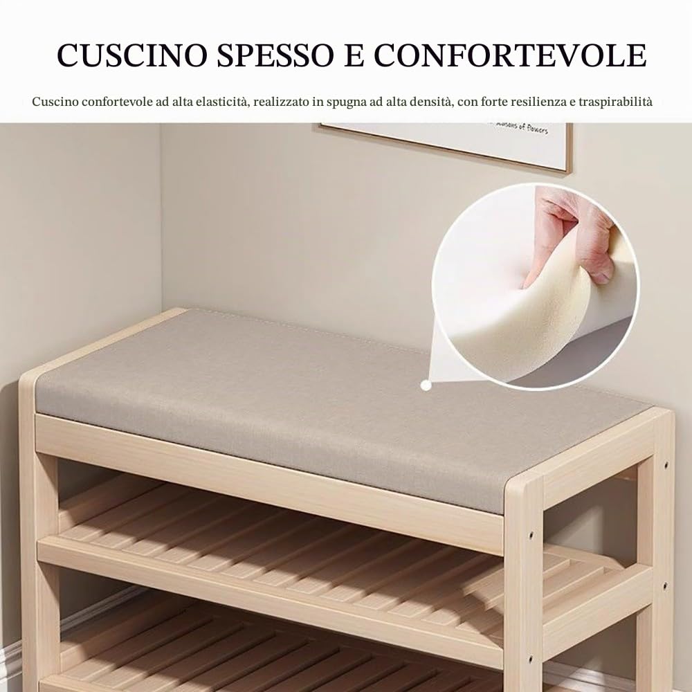Porte-manteau polyvalent en bois avec banc de rangement à chaussures – 5 crochets pour entrée, salon et couloir – Disponible en tailles 60/70/80/90 cm pour une organisation élégante