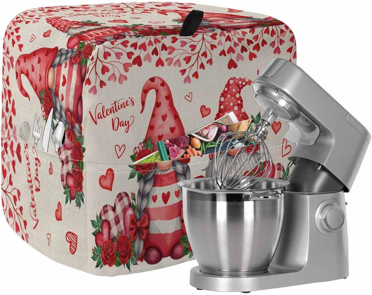 Valentine's Day Stand Mixer Cover with Storage Pocket, Waterproof Kitchen Mixer Covers, Red Gnomes Loves Roses Romantic Beige Kitchen Appliance Dust Cover Compatible with 4/4.5 Quart Mixers
