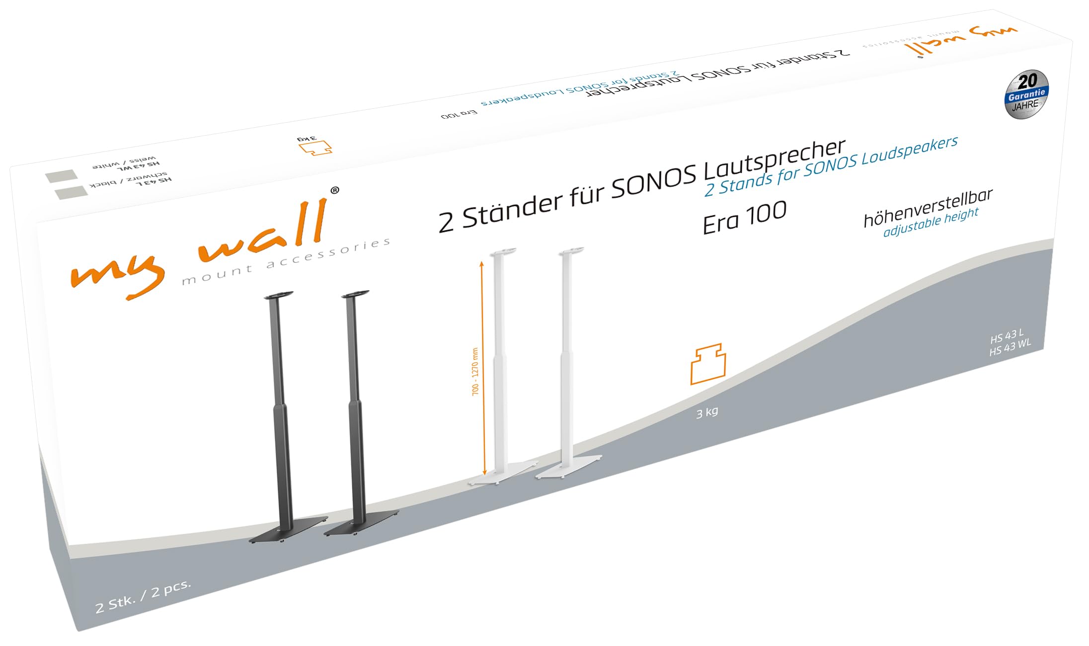 my wall SonosEra100 stojak na głośniki z regulacją wysokości – HS43WL, 2-częściowy zestaw, stojak Sonos z regulacją wysokości, idealne ustawienie dźwięku, odłączenie, podstawa Sonos