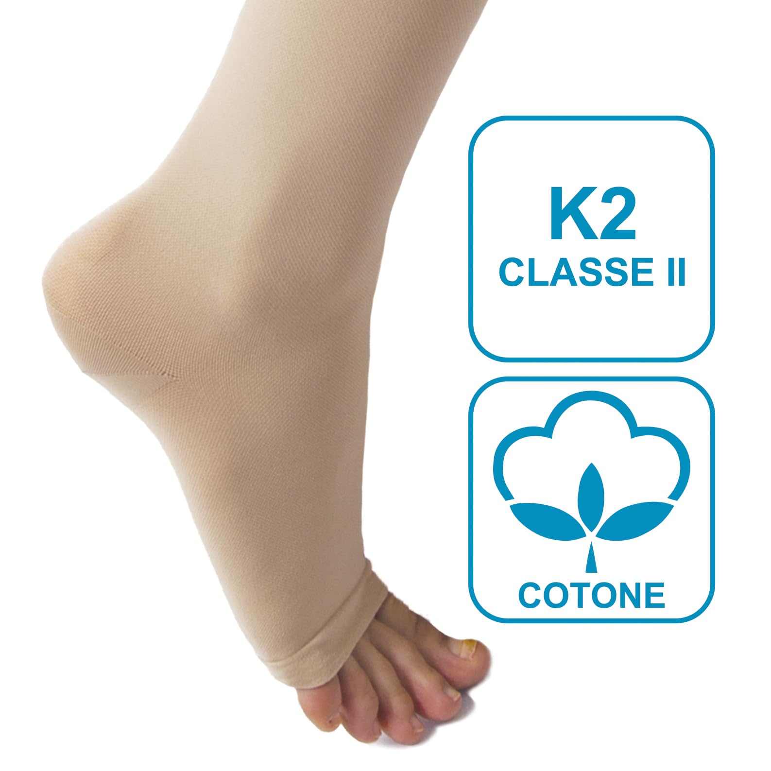 Beman 420A - Collant Medicali in Cotone K2 Classe 2, Compressione Graduata 23-32 mmHg, Punta Aperta Unisex, Tallone Rinforzato e Cuciture Piatte, Elastici Resistenti