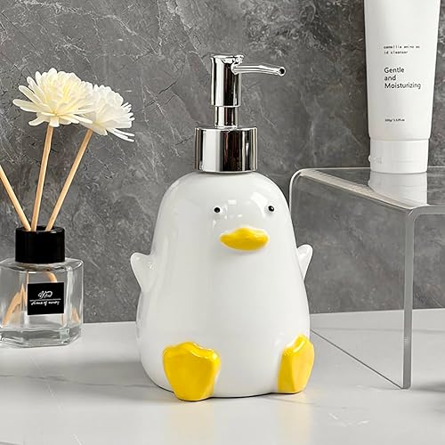 Miniatura 3 de WAIT FLY Dispensador de jabón de cerámica de pato lindo con bomba de plástico, botella de jabón de loción recargable, dispensador de jabón para