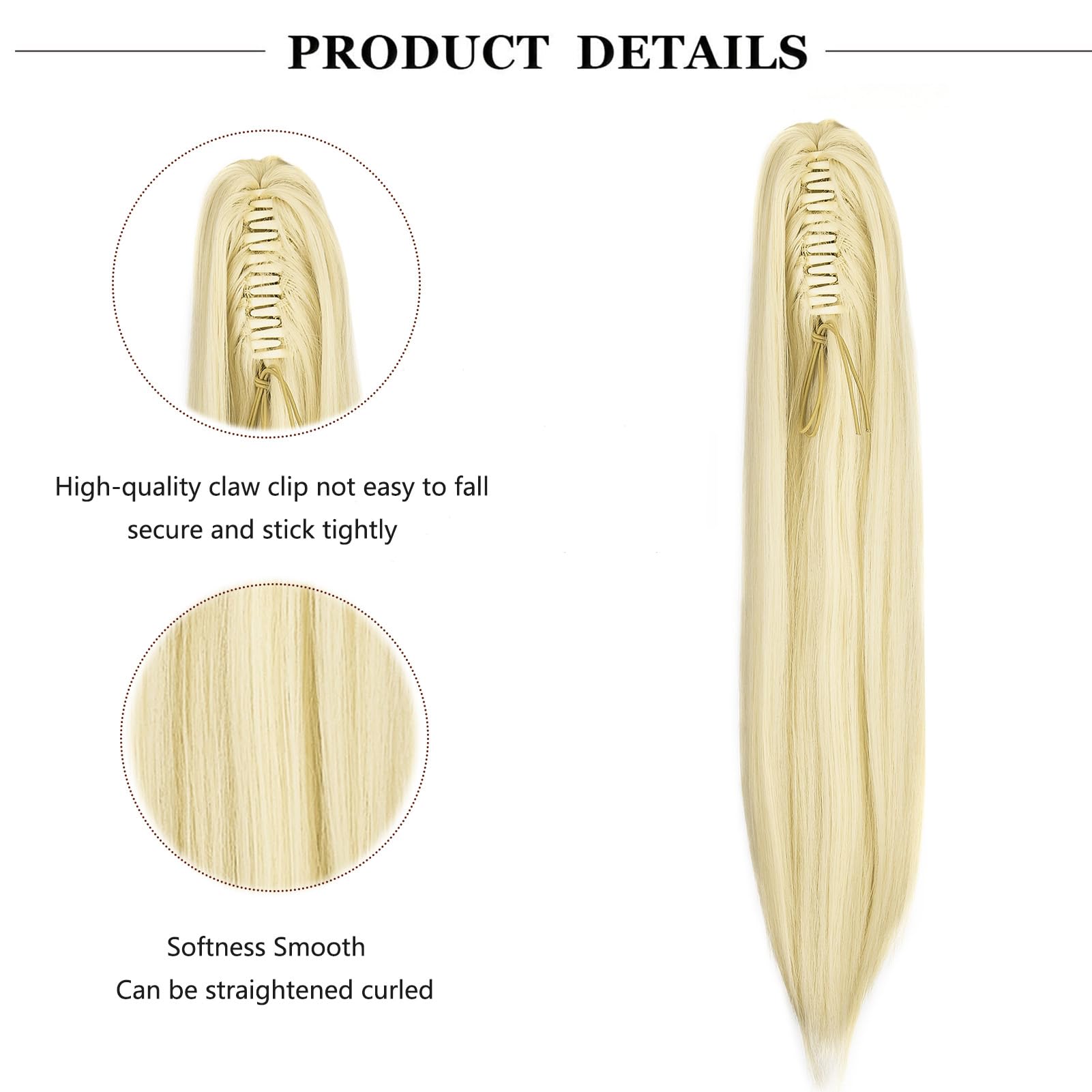Cybelleza 20inch Ponytail Hair Extensions Straight Ponytail Claw Jaw on Long Straight Pony Tails Clip in Hair Extensions Synthetic Hair pieces for Women, Bleach Blonde - Image 2
