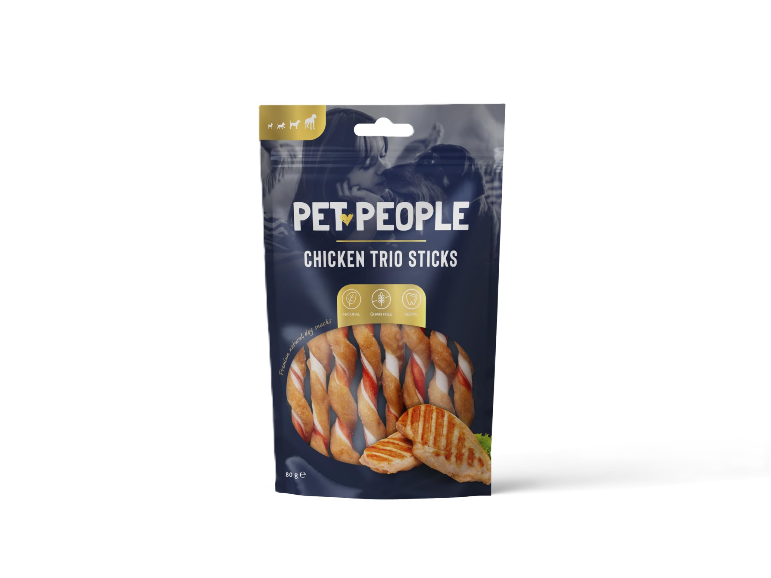 Pet People Chicken Trio Sticks 80g, Natural, Grain Free, High Protein, Dental Care, Dog Snacks - 8pc, 80g (1 Bag)