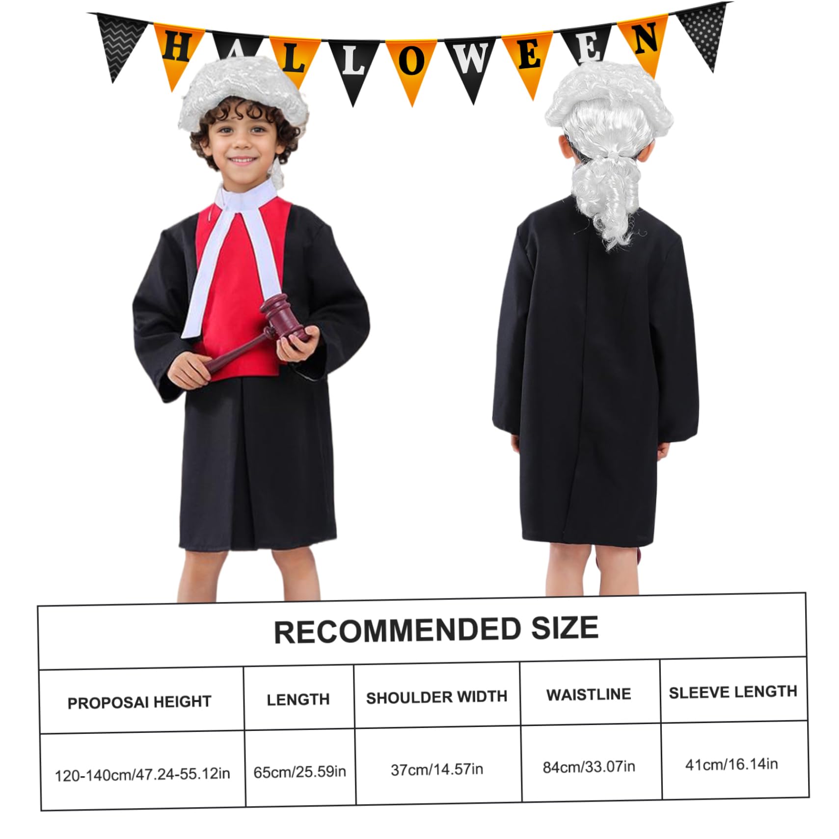 1 juego de disfraz de Halloween para niños, incluye bata de juez con cuello, mazo y peluca, disfraces de cosplay para niños