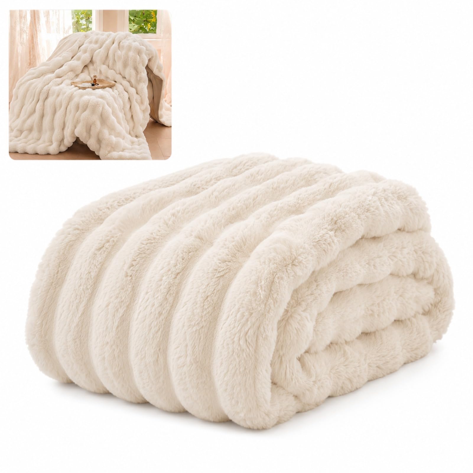 GnathicHOME Bunny Throw Blanket for Couch Soft & Warm Fluffy Blanket, Cozy Fuzzy Faux Fur Throw Blankets for Couch Chair Bed Sofas (120 * 200cm,beige)