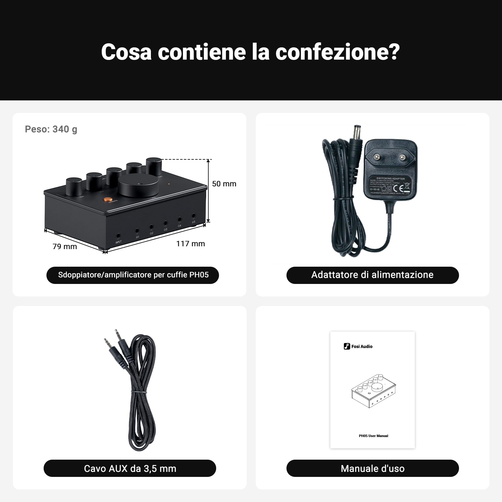 Fosi Audio PH05 Amplificatore per Cuffie a 5 Canali Stereo Compatto, Supporta IEM ad Alta Impedenza da 16-300 Ohm, per Mixer da Studio Musicale, Condivisione Audio, Monitor per Podcast