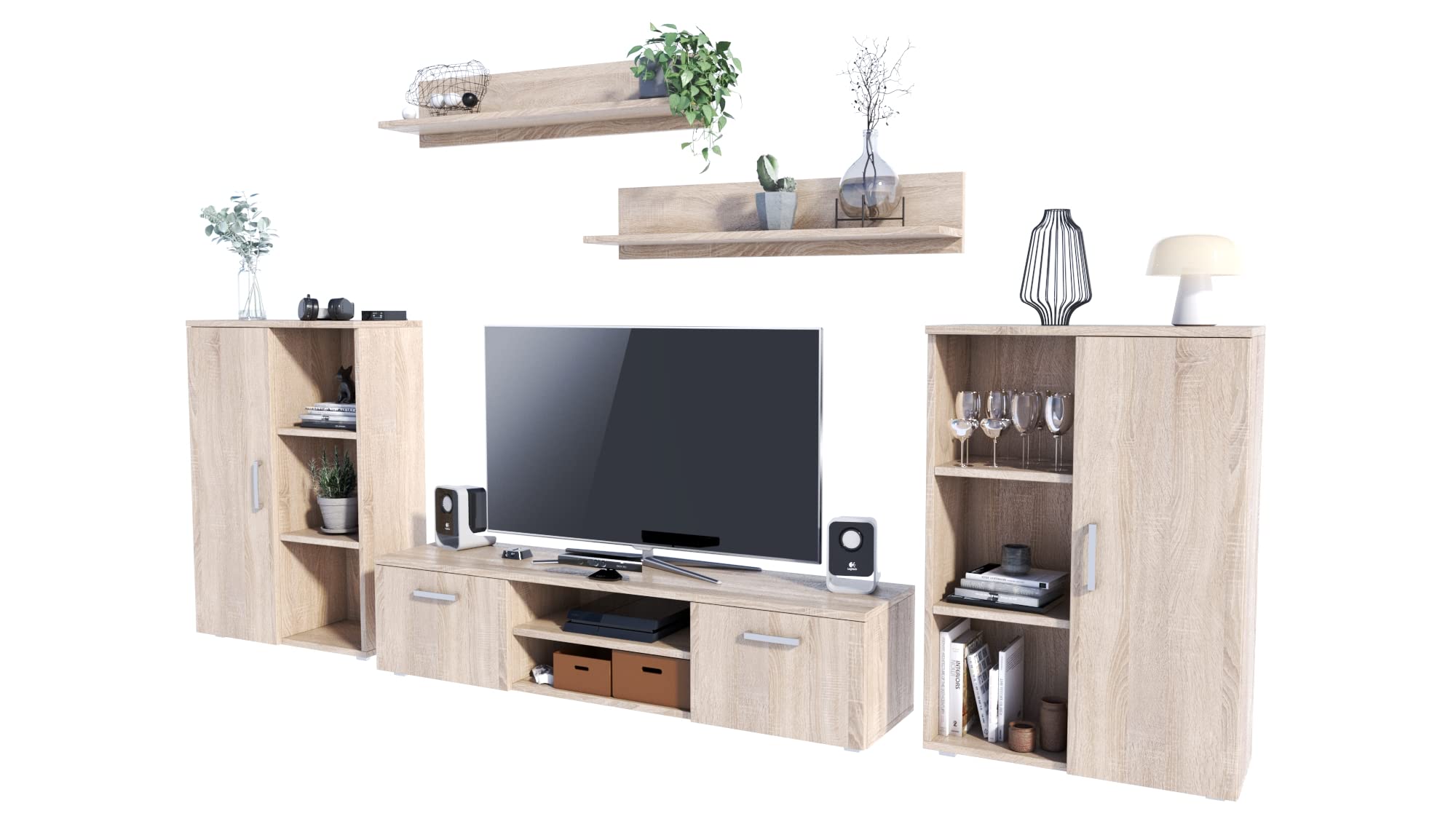 MATKAM Meblościanka Herkules II, meblościanka do salonu, nowoczesna, szafka do salonu ze stolikiem pod telewizor, kredens i regał ścienny, kompletny zestaw mebli (dąb Sonoma)