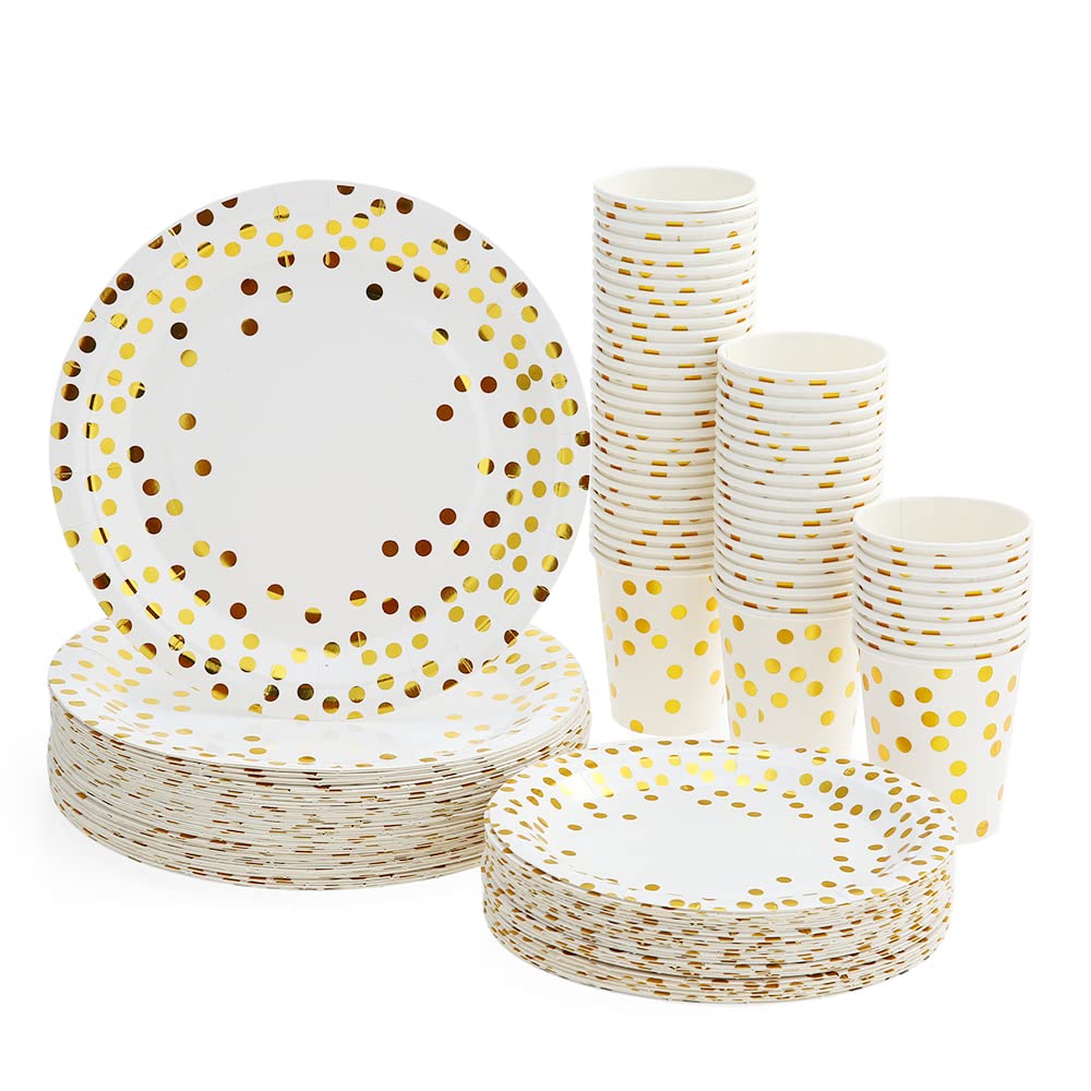 Kavolet Zestaw talerzy urodzinowych, 60 sztuk papierowych kubków o pojemności 23 ml + 60 talerzy 18 cm + 60 talerzy o średnicy 25 cm, naczynia ze złotymi kropkami, kubki na napoje, talerze obiadowe, talerze deserowe