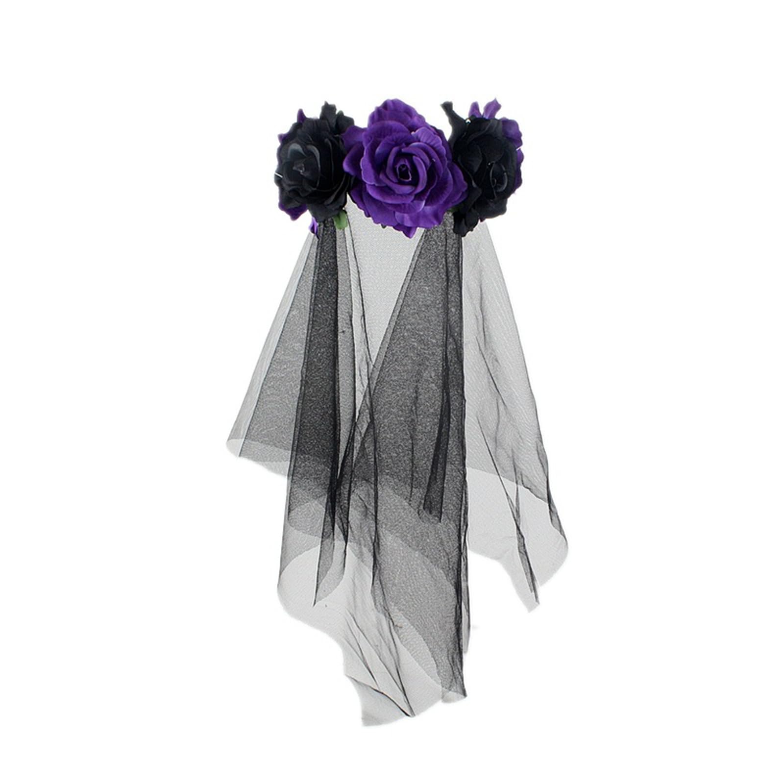 Golden Apple Women Flower Crown Headband Gothic Roses Bride Hairband with Veil Day of the Dead Halloween Cosplay (Black-Purple, L) - Image 2