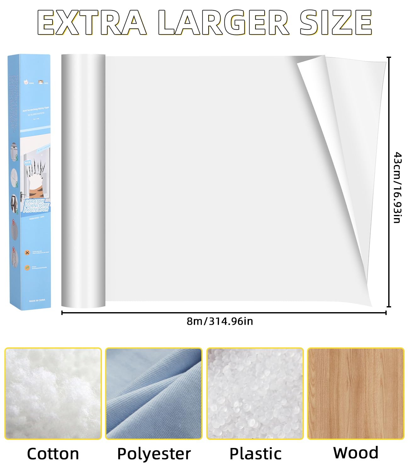 Protezione Divano Graffi Gatto, 43X800CM Protezione antigraffio per gatt, Autoadesive Trasparente Antigraffio Gatto Divano, Nastro Adesivo Antigraffi per Cani, PVC Anti-Graffio Protector